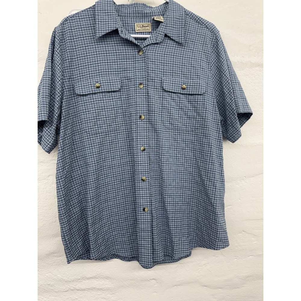 Vintage L.L. Bean Women XL Blue Cotton Short Sleeve Button Shirt Pockets - Picture 2 of 6